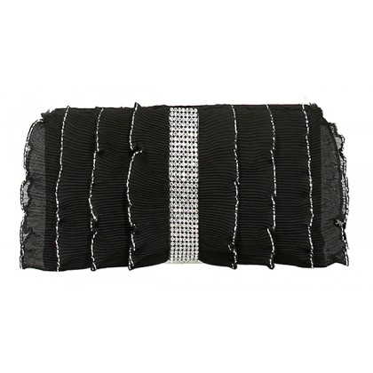 Evening Bag - 12 PCS - Pleated Glittery w/ Trimmed Ruffles - Black - BG-92233B